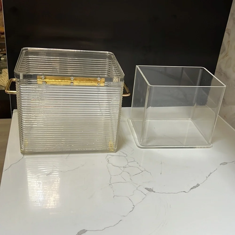 MCM Lucite Ribbed Rectangular 4.5L Ice Bucket Box Liner Goldtone Hardware